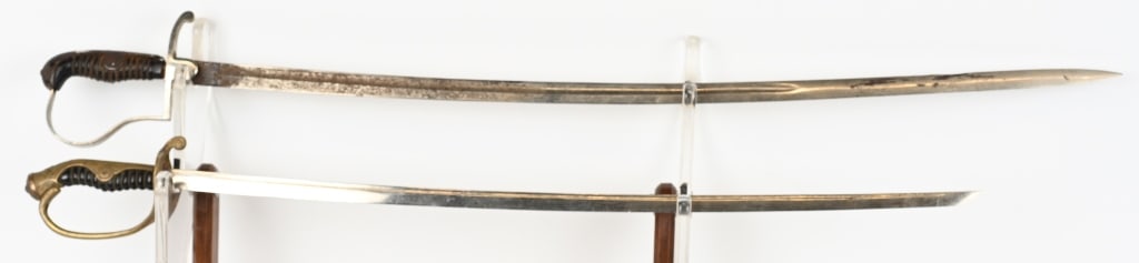 WWI & WWII IMPERIAL JAPANESE & GERMAN SWORD LOT: Lot of two swords without scabbards to include 1) JAPANESE ARMY OFFICER'S SWORD. Imperial Japanese Army Officer's parade sword with blade that measures 28 3/4 and is bright with an active hamon. 