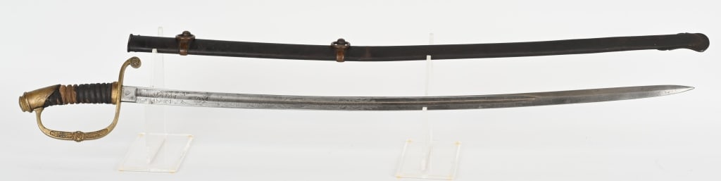 IMPERIAL RUSSIAN INFANTRY OFFICERS SWORD M1865: Brass guard. Metal scabbard. The blade is maker marked by Samual Hoppe. Total length is 37 inches with a 30 1/2 double engraved blade with a single fuller to each side. The leather wrapped grip s
