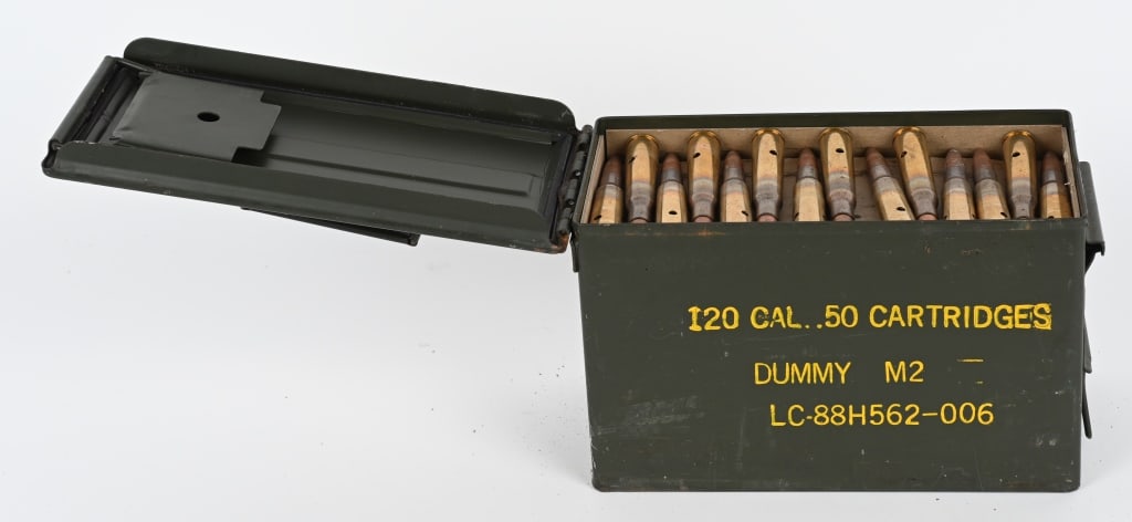 M2 BROWNING MACHINE GUN 120 ROUNDS IN CASE MINT: A full can of 120 rounds of M2 .50 BMG training or dummy rounds in the original issue can. Headstamp is L C 88. All are in mint condition. The M2 machine gun or Browning .50 caliber machine gun (infor