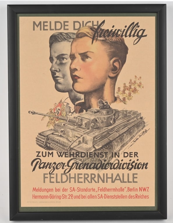 WWII NAZI FELDENHERRNHALLE PANZER GRENADIER POSTER: Extremely Rare WWII Feldherrnhalle Panzer Grenadier Recruiting poster This is the smaller version, measuring framed 13 1/2 x 18 3/4 inches. It has been professionally framed with UV protecti