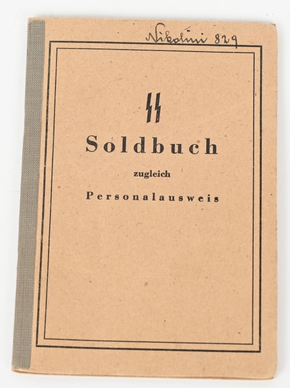 WWII NAZI GERMAN SS POLIZIE POLICE SOLDBUCH WW2: Regulation wartime SS Soldbuch with several entries. Excellent uniform photo of the SS member wearing a Wrapper with Police Insignia. Named to Gustav Nikolinn Excellent. With the reintr