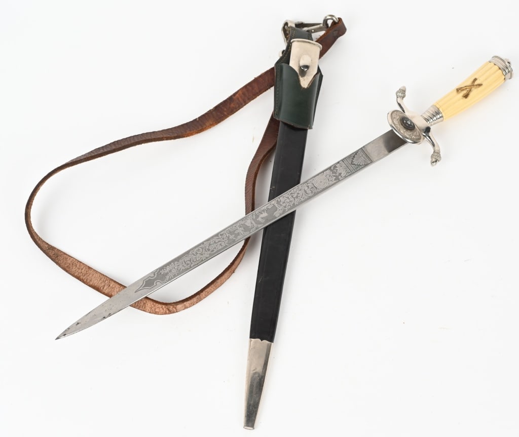 WWII NAZI GERMAN SHOOTING ASSOCIATION CUTLASS WW2: This Alcoso Cutlass is a classic example, having all aluminum hilt mounts with a fine nickel-plated surface. The pommel appears to have all of the plating throughout. It features an umbrella-like flar