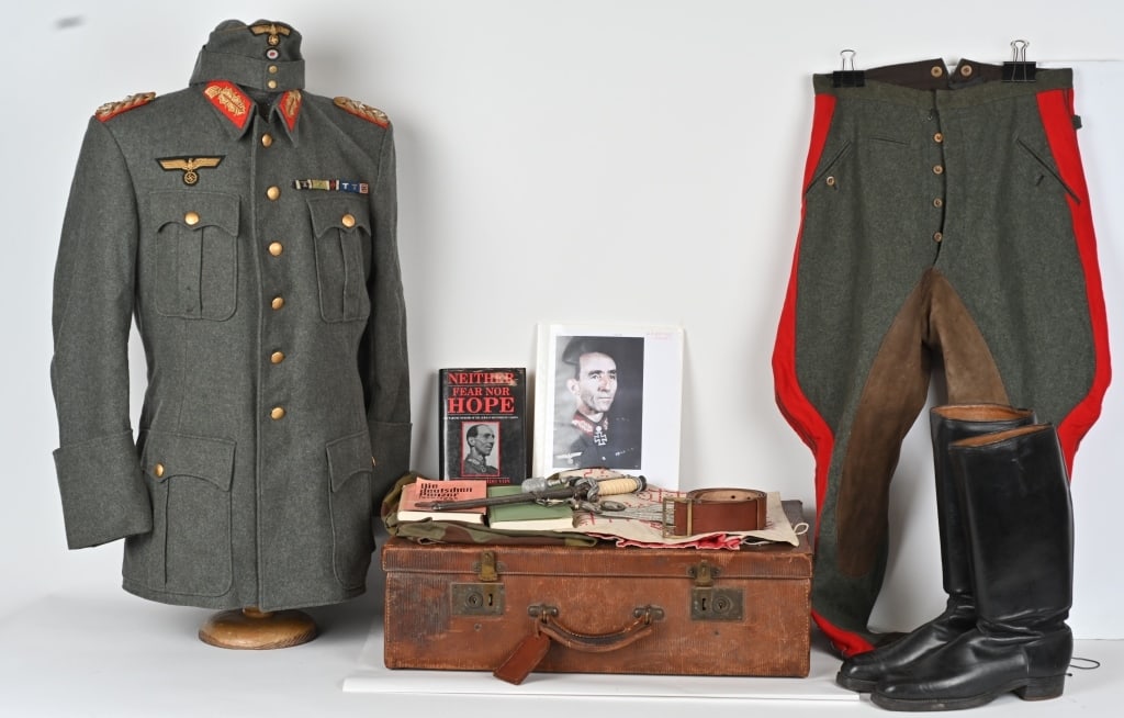 WWII NAZI GERMAN GENERALS TRUNK GROUPING PANZER: Named Nazi Panzer General's Trunk Grouping of Knight's Cross with Oak Leaves winner, Fridolin von Senger und Etterlin. The Uniform consist of his tailored private purchased Uniform that is Italian mad