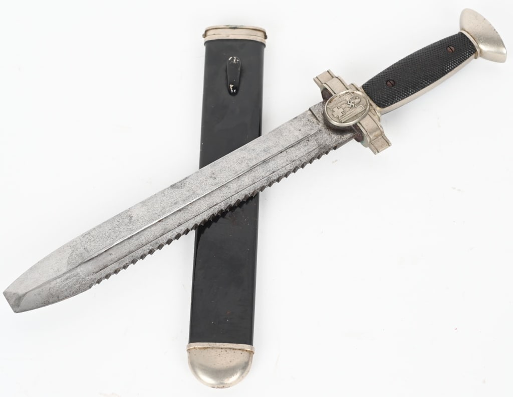 WWII NAZI GERMAN RED CROSS HEWER DAGGER WW2: The hewer features a roughly, 10 1/2", (26.6 cm), long, broad, squared, blunt tipped, nickel/silver plated, drop forged, steel construction blade with deep, wide, fullers, a staggered, saw-toothed, ed