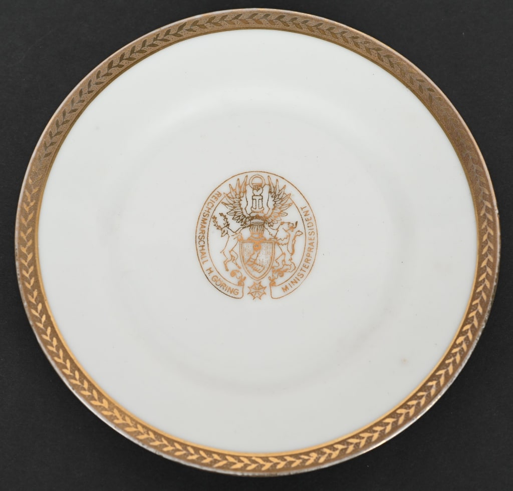 WWII NAZI GERMAN HERMANN GÖRING SERVING PLATE WW2: A beautiful 6 inch plate manufactured by the firm of Royal Bayreuth of Bavaria in commemoration of Hermann Goring's birthday in 1941. This example has the large coat of arms for Goring to the center o