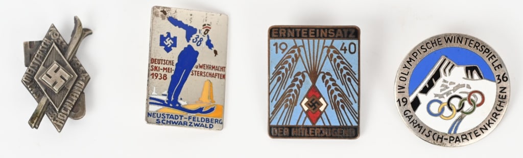 WWII NAZI GERMAN HJ WEHRMACHT 1936 OLYMPIC BADGE: Lot of 4 Nazi German Badges and tinnies to include 1) Olympiad 1936 Olympic Winter Games Garmisch-Partenkirchen 1936: Official visitor badge, colored enamel, diameter 35 mm., with inscription "IV. Oly