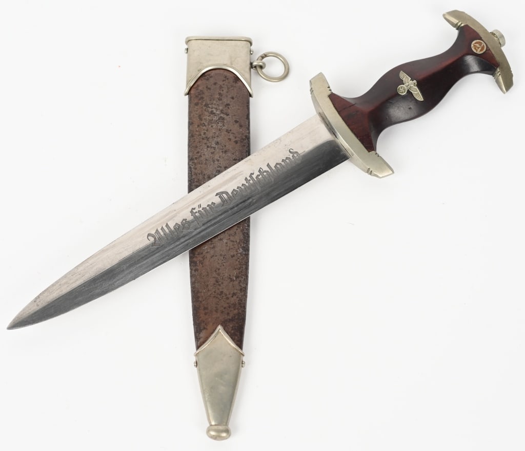 WWII NAZI GERMAN SA DAGGER BY FRITZ BARTHELMESS: Early, nice quality dagger features a roughly 8 3/4" (22.2 cm) long double edged nickel/silver plated drop forged steel construction blade with a low central ridge and a full length including the hilt