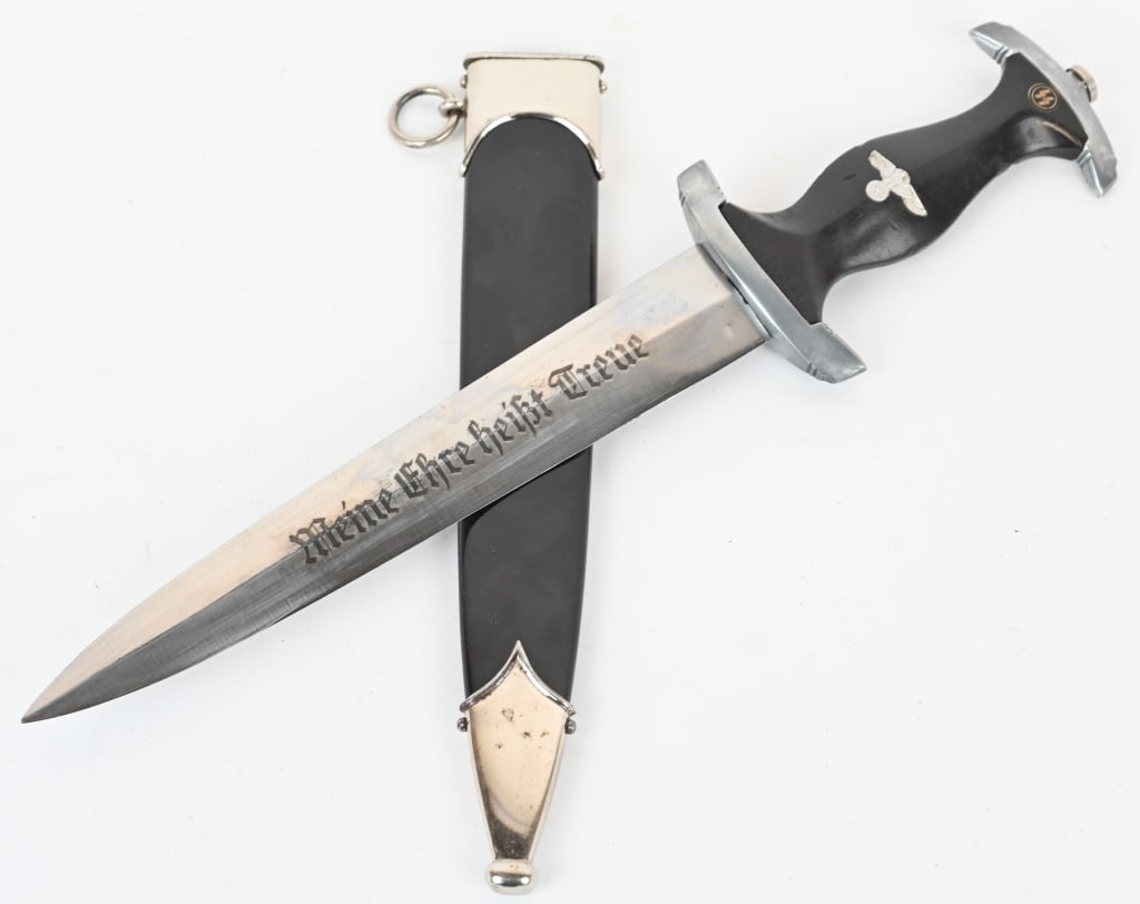 WWII NAZI GERMAN SS M33 SERVICE DAGGER 1196/38 WW2: A nice RZM SS Dagger. The acid etched "Meine Ehre Heißt Treue" motto and "RZM 1196/38 SS" (Edward Wüsthof Dreizackwerk, Solingen) SS contract number are both nicely executed! The fit r