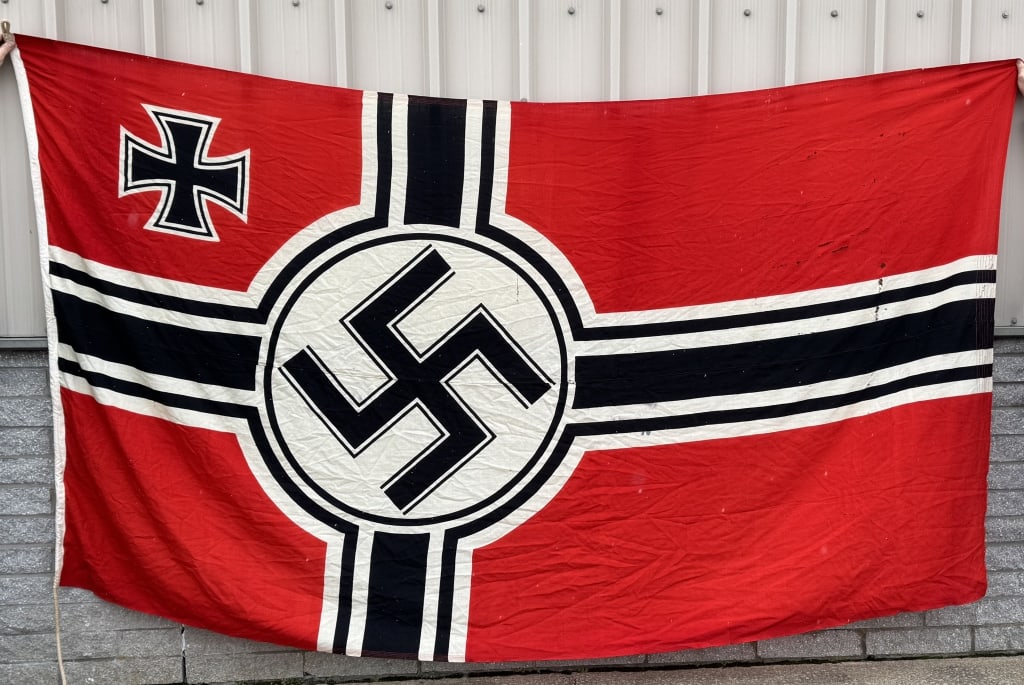 WWII NAZI GERMAN KRIEGSMARINE BATTLE FLAG 200X335: Second pattern (Circa 1937/38-1945) single piece dual sided printed cotton/linen construction national war flag. The flag features a red base field with a central white/black/white/black bordered whit