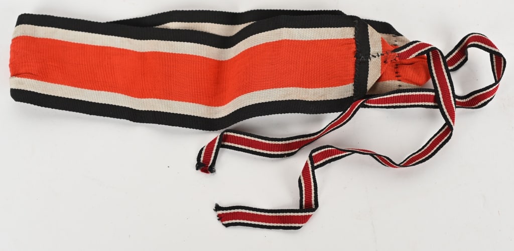 WW2 NAZI GERMAN KNIGHTS CROSS OF IRON CROSS RIBBON: This is a very well preserved, slightly faded, original ribbon for a Knight's Cross of the Iron Cross 1939; constructed of black-white-red-white-black vertically ribbed weaving; measuring 12 inches lo