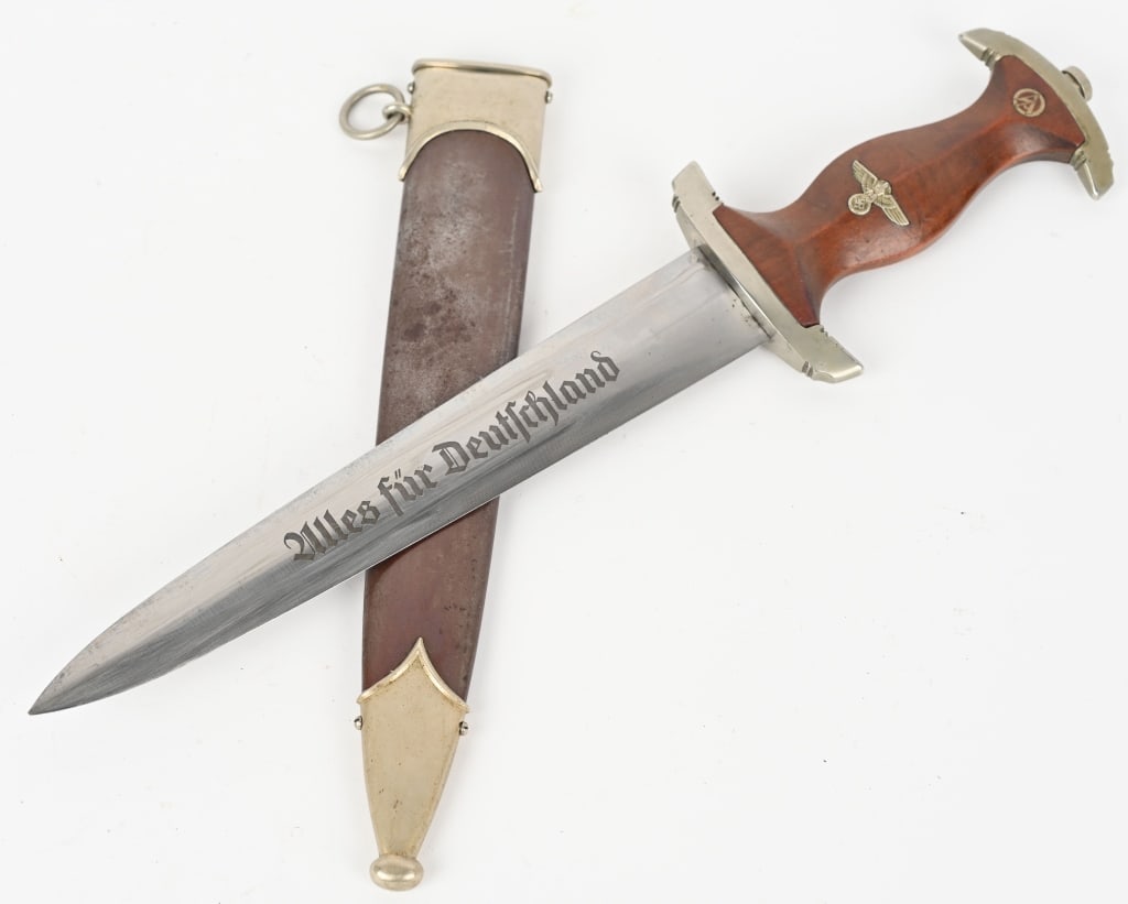 WWII NAZI GERMAN SA M33 DAGGER GROUND Röhm WW2: Early, (Circa 1933-1934), nice quality dagger features a roughly, 8 3/4", (22.3 cm), long, double edged, nickel/silver plated, drop forged steel construction blade with a low central ridge and a full 