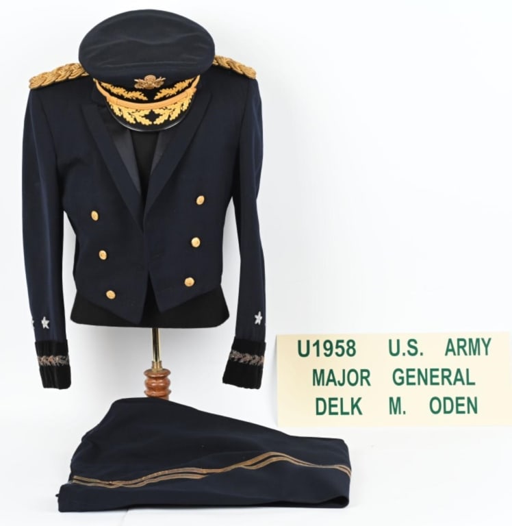 NAMED MAJOR GENERAL'S DRESS BLUE UNIFORM W VISOR: Formal dress uniform of Major General Delk M. Oden. Beautifully named uniform is of the name of Major General and is named in both Jacket and Trousers are dated 1961 and tailored by Lau