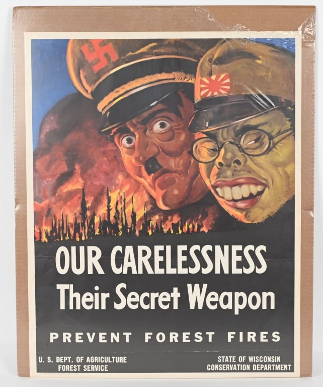 WWII POSTER OUR CARELESSNESS THEIR SECRET WEAPON: Printed by the U.S. Department of Agriculture Forest Service Forest. Conservation of the nation's forests in wartime was the main focus of posters commissioned by the Forest Service of the U.S. Depart