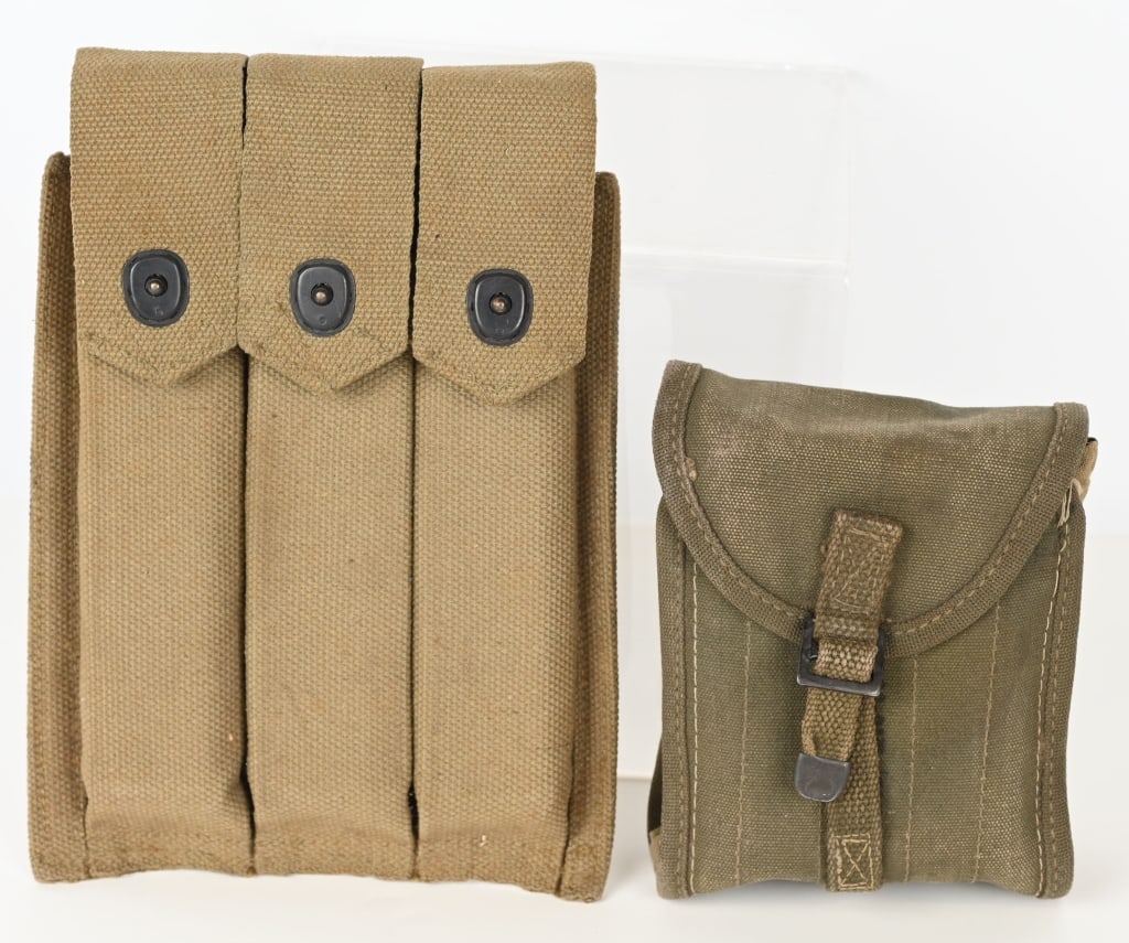 WW2 RIGGER FIRST AID KIT THOMPSON AMMO POUCH MAGS: Lot to include 1) PARATROOPER RIGGER FIRST AID KIT WITH CONTENTS. Hard to find WWII Rigger Made Airborne First Aid Kit with Contents. Canvas rigger made pouch is in excellent condition with Hypodermic