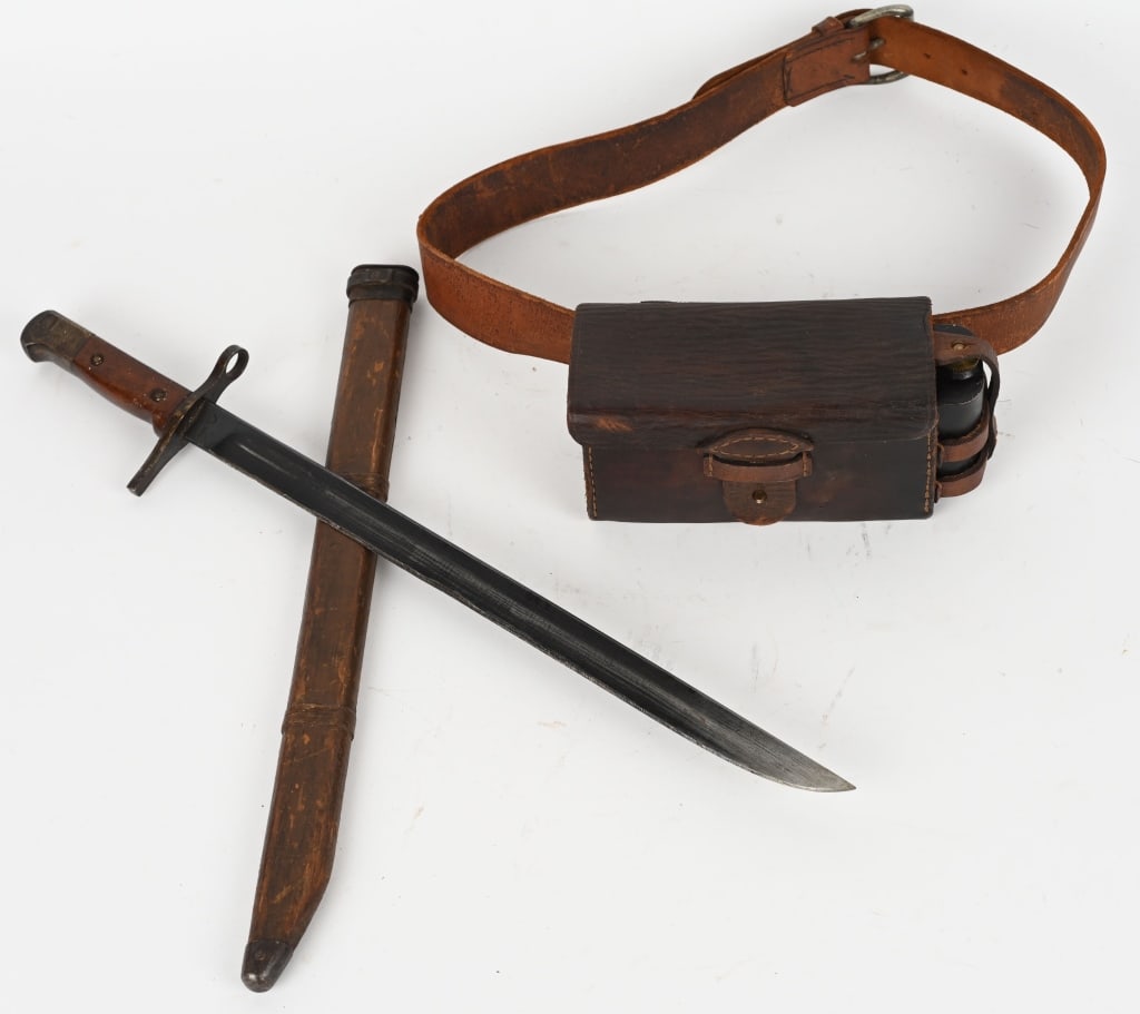 WWII JAPANESE AMMO BOX & BELT W BAYONET IWO JIMA: WWII Imperial Japanese Souvenirs lot from the battle of Iwo Jima whose name was PFC John Osborne who was in 1st Platoon of "A" Company 5th Engineer Battalion and was attached to the 26th Marine R
