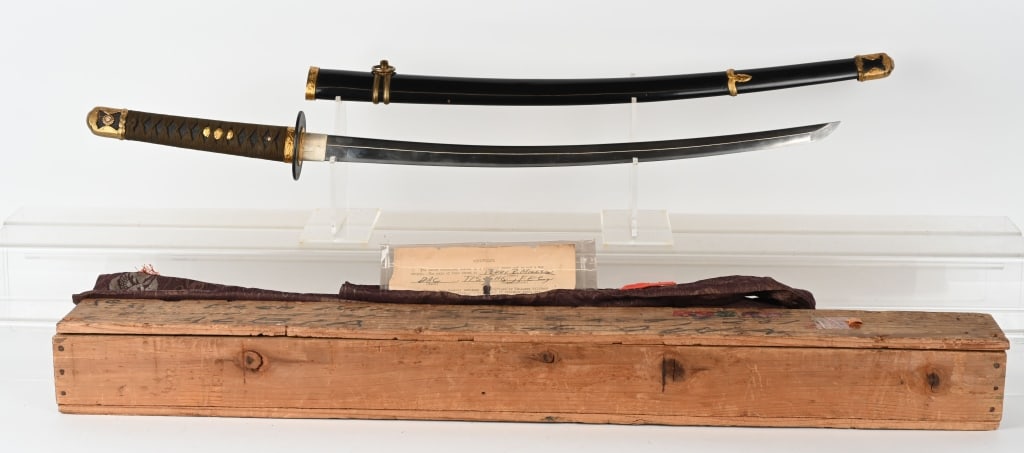 DOCUMENTED JAPANESE KATANA SWORD w SIGNED TANG: The Naval Katana has a 22 1/4" cutting edge. This sword size is right on the cusp between a Wakazashi and Katana. Has 1 hole tang signed on one side. The high grade bright blade has a keen cutting edg