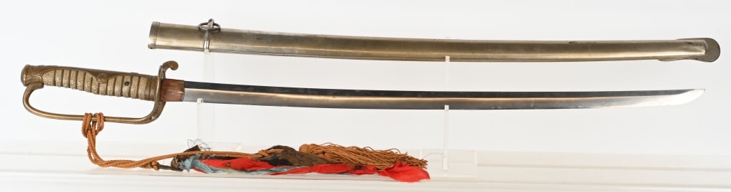 KYU-GUNTO KATANA SWORD, EARLY BLADE SIGNED TANG: Kyo-Gunto Army Katana with a 27 1/2" cutting edge. Blade is bright with visible active hamon. Early blade has 2 hole tang signed on one side. Blade surface has scattered minor light rubs and scratches