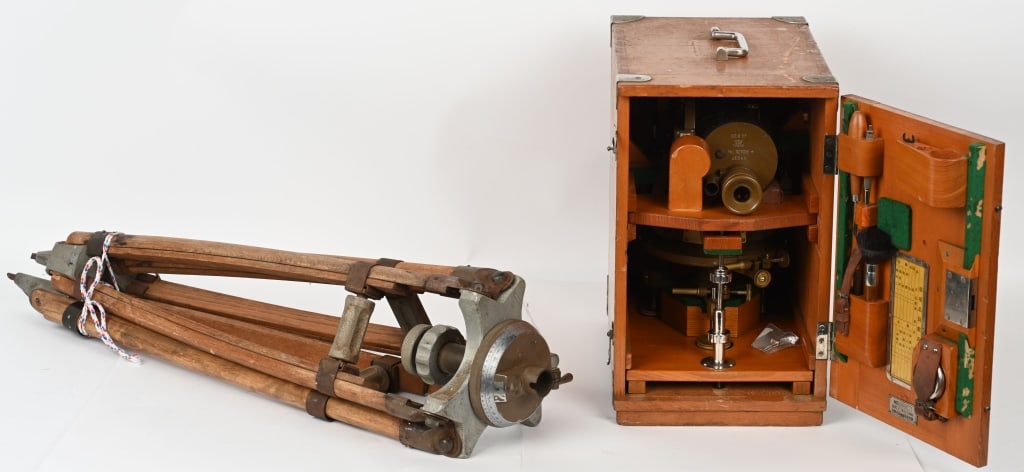WWII JAPANESE TRANSIT THEODOLITE CASED W TRIPOD: Japanese WWII TOKO 10 x 5 Transit / Theodolite This is a well made near mint condition surveying instrument that looks to have seen little use before being carried home after WWII by a returning servi