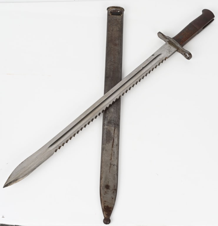 WWI SWISS PIONEER SAWTOOTH BAYONET WW1: WWI M1914 Swiss Sawtooth Bayonet for the Schmidt-Rubin Carbine by Steimer of Wasen im Emmental. The Blade Length is 19", the Handle Length is approximately 5", and the Overall Length is 24". The Model