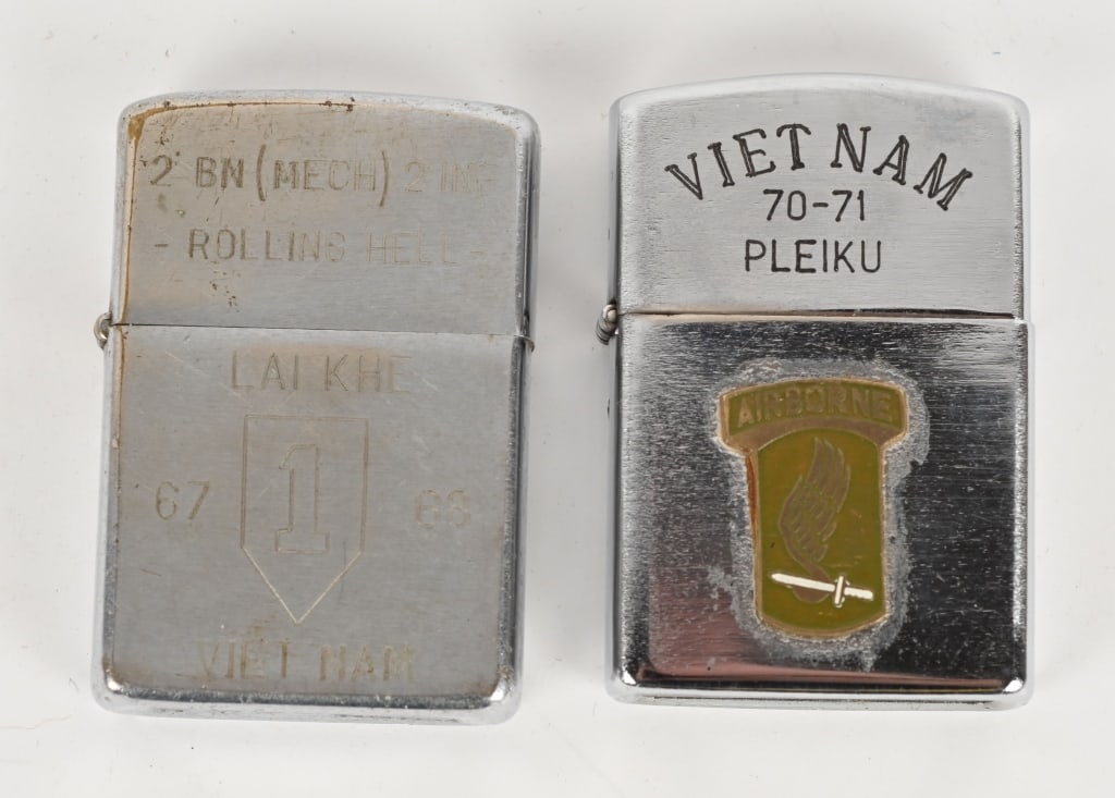 VIETNAM ZIPPO LIGHTER LOT 1ST DIV 173RD AIRBORNE: Lot of two Vietnam engraved Zippo Lighters to include 1) Double engraved VIET NAM 70-71 PLEIKU with insignia of the 173 Airborne Brigade. The reverse has a turtle mounting a GI Helmet with the inscrip
