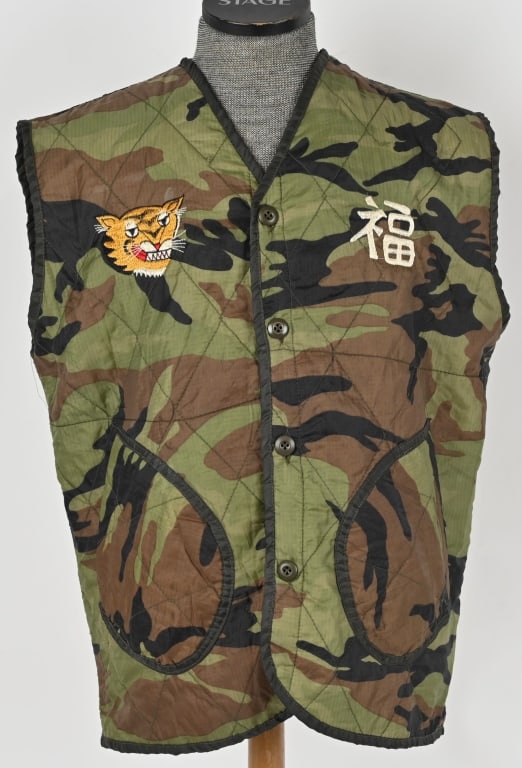 VIETNAM THEATER MADE US NAVY SEAL TOUR JACKET VEST: Camo theater made, tour jacket / vest. To the front is tiger writing that translates to Blessing. The reverse "When I die bury me face down so the whole world can kiss my ass Viet-Nam 1965-66 with a l