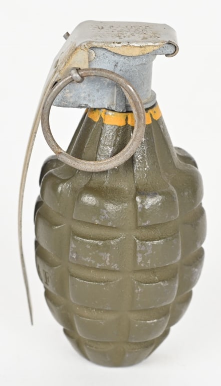 WWII US ARMY USMC MARINE CORPS MKII HAND GRENADE: WWII US MkII Fragmentation Grenade. Green Painted High Explosive Pineapple Grenade with a painted yellow band & M6 Series Fuze Head. Note Many Yellow Grenades Were Over Painted With Green to conceal i