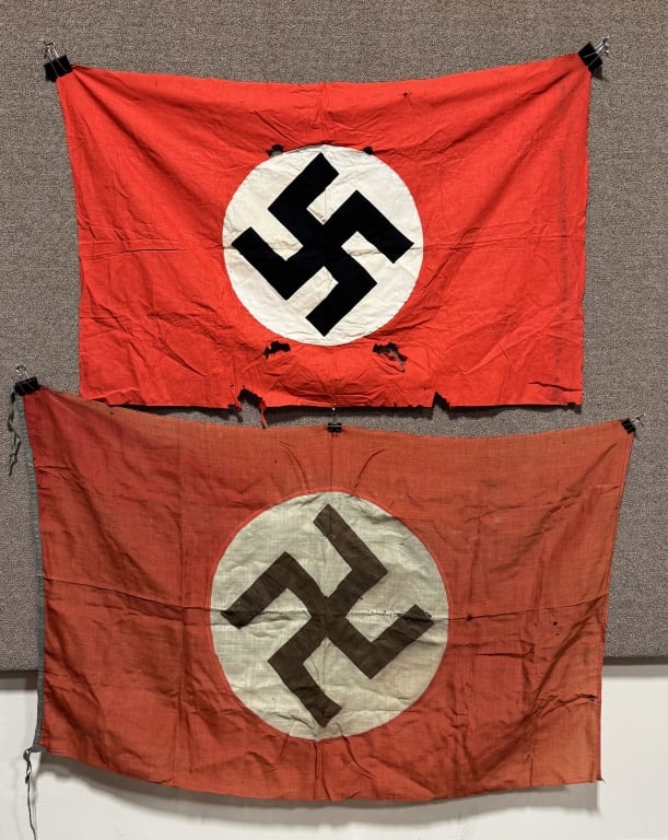 WWII NAZI GERMAN NSDAP FLAG / BANNER LOT WW2: Lot of two WWII Nazi German Flags to include 1) WWII NAZI GERMAN SMALL BANNER. Measuring 31 X 48 inches with significant damage as seen in the photos. 2) Early Pre War NSDAP Banner measuring 36 X
