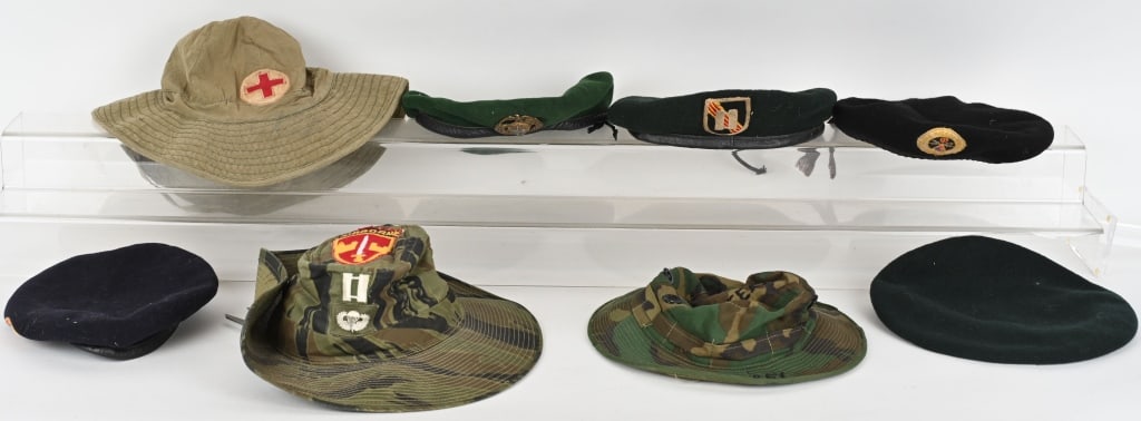 VIETNAM ERA HEADGEAR LOT 5TH GROUP BERET RIVER PAT: Vietnam Era headgear lot to include 1) 5th Group Beret with a theater made flash.. To the interior is a silk lining RECON CCC insignia 2) Republic of Korea Green Beret roughly a size 7 with 