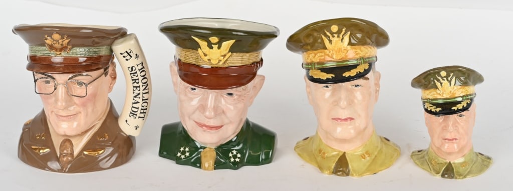 TOBY MUGS OR JUGS LOT GLENN MILLER IKE MACARTHUR: Lot of Character Mugs or Jugs to include 1) Glenn Miller Large D6970 By:Royal Doulton, Pattern Number:D6970 and is 7.5" tall. Mint condition free from any flaws, damage or restoration. 2) G