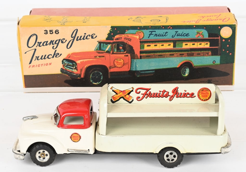 JAPAN TIN FRICTION ORANGE JUICE TRUCK w/ BOX: All original and never played with condition. Friction works. Boxed 9 1/2" Excellent