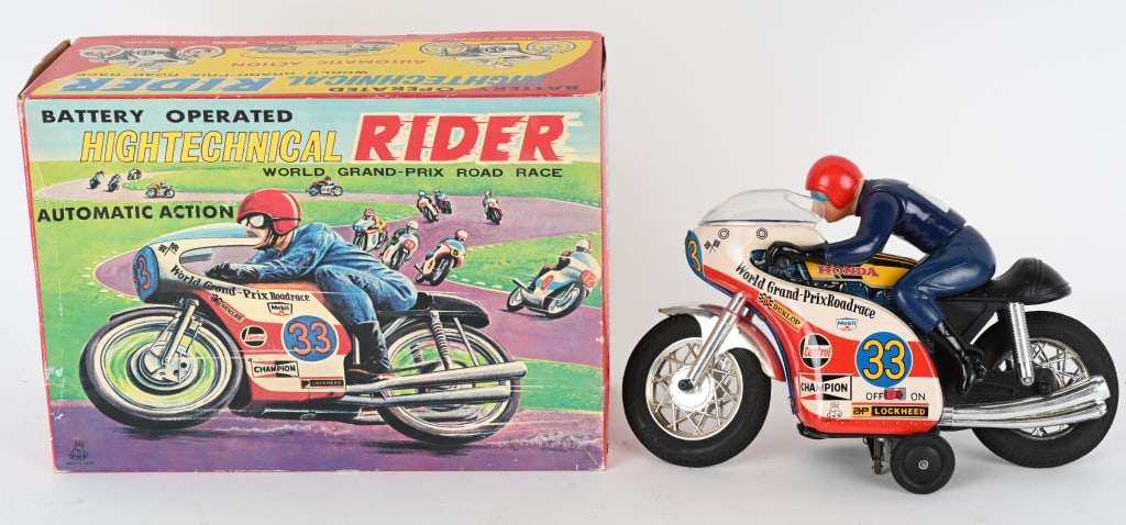 TPS BATTERY OP HIGHTECHNICAL RIDER w/ BOX: Great looking Rider on racing Motorcycle. Never played with condition. Worked when tested. Boxed 11" Excellent