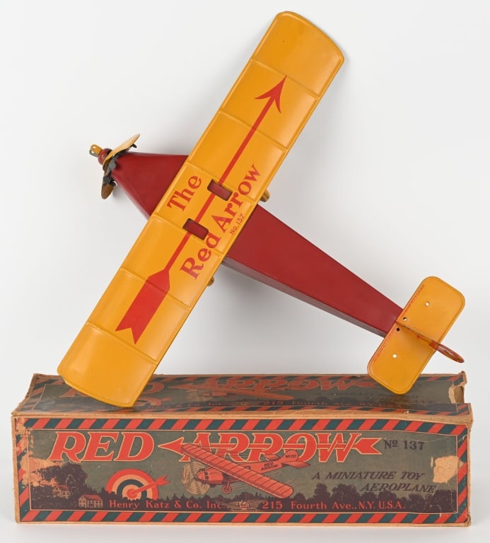 KATZ RED ARROW AEROPLANE w/ BOX: All original and looks never played with condition. Boxed 18" Wingspan. Excellent