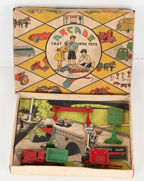 ARCADE CAST IRON #4329 ROAD CONSTRUCTION SET: All original and complete. Boxed 11" Excellent
