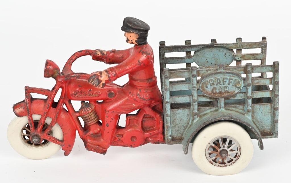 HUBLEY CAST IRON INDIAN TRAFFIC CAR MOTORCYCLE: Original cast iron Indian traffic car. No cracks or repairs. Rubber tires are replacements. 9" Very Good-Excellent