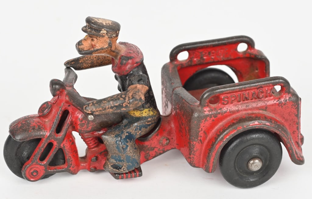 HUBLEY CAST IRON POPEYE SPINACH MOTORCYCLE: All original Popeye Spinach motorcycle. No cracks or repairs. 5 1/2", Very Good