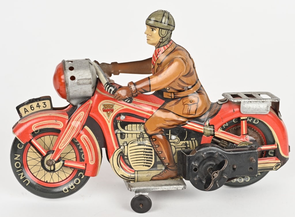 ARNOLD TIN WINDUP CIVILIAN MOTORCYCLE: Arnold tin windup Civilian Motorcycle A643. Red version. All original and windup works. 7 1/2" Excellent