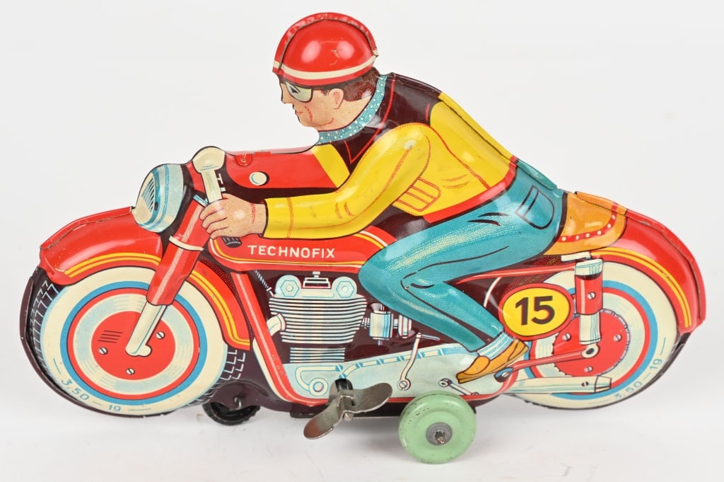 TECHNOFIX TIN WINDUP MOTORCYCLE: Technofix motorcycle is complete and original. Windup works. 7" Excellent-Near Mint