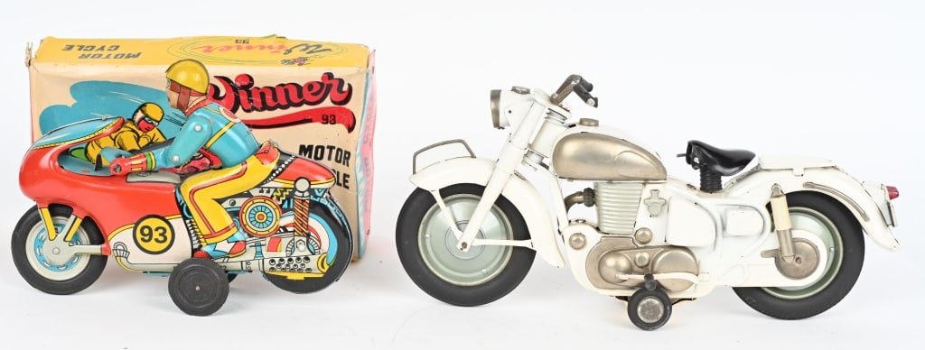 JAPAN TIN FRICTION MOTORCYCLE & WINNER MOTORCYCLE: Lot includes large white very detailed Japan friction motorcycle. No logo but looks likes BMW. The Winner Motorcycle is made in India and includes the original box. Both worked when tested. Largest is