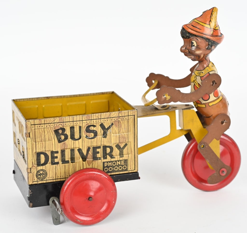 MARX WINDUP BUSY DELIVERY w/ BLACK PINOCCHIO: Scarce all original Marx tin windup Busy Delivery. Windup worked when tested. The toy is complete and original and a very nice example. 9" Excellent