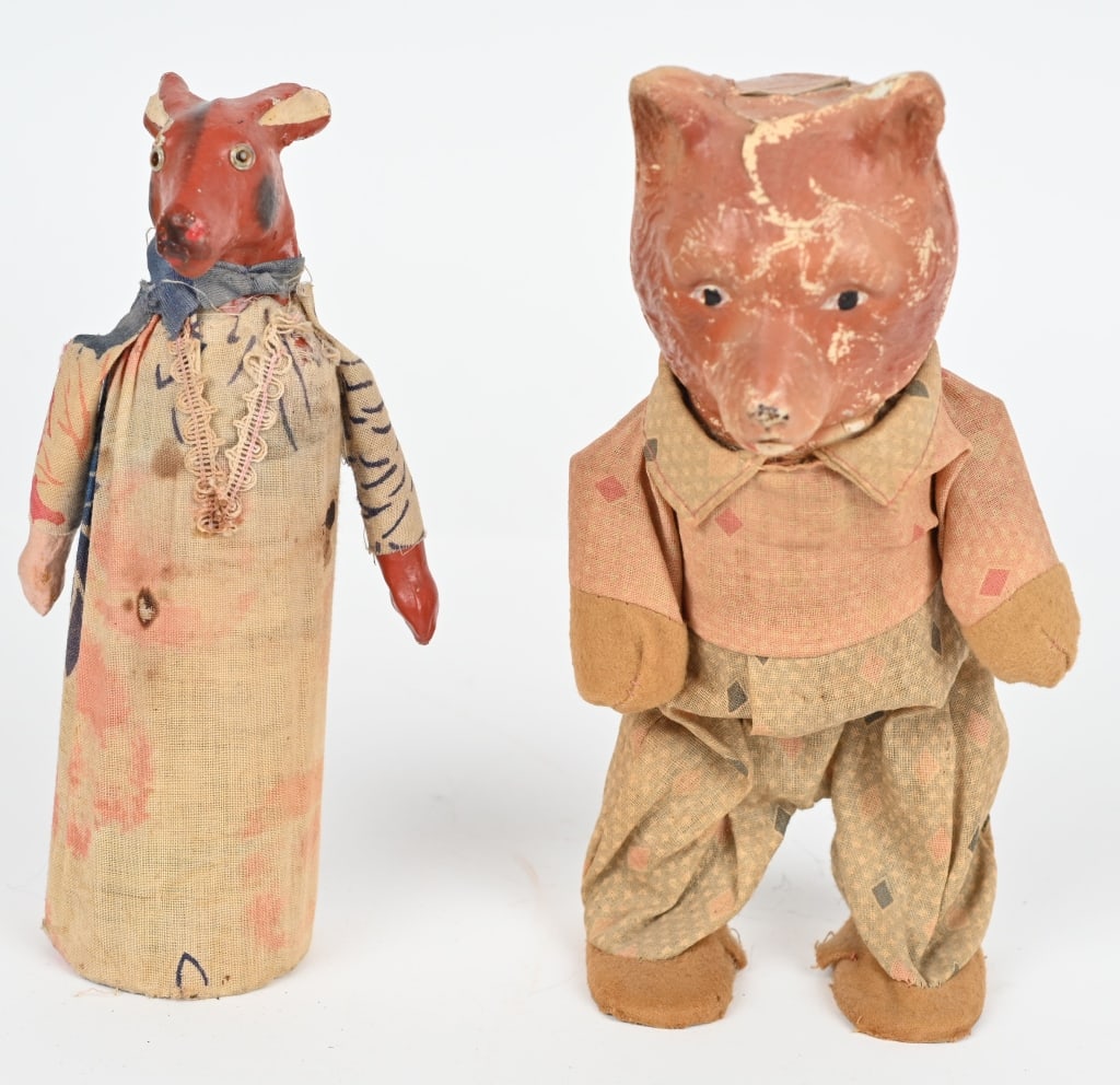 2- EARLY GERMAN COMPOSITION & CLOTH TOYS: Lot includes 1. 8" windup bear with composition head, has overall wear and fading. Windup works. 2. 8" spring loaded donkey with composition head. Has wear and fading. Very Good