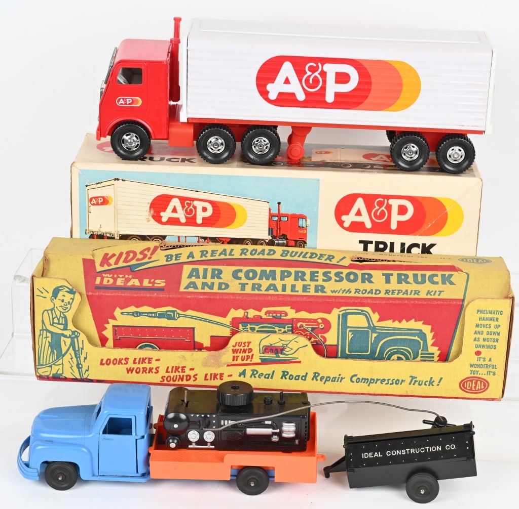 JAPAN & IDEAL TOY TRUCKS w/ BOXES: Lot includes 1. 16" A&P Truck and Trailer, Nice box, Excellent, 2. 16" Ideal Air Compressor Truck and Trailer, windup not working, Excellent with box.