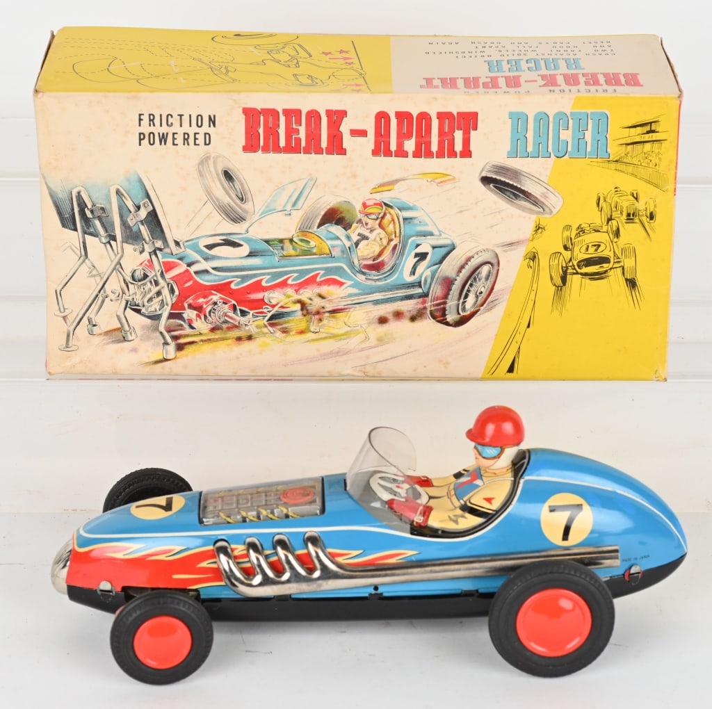 JAPAN TIN FRICTION BREAK APART RACER w/ BOX: Japan tin friction Break Apart Racer. All original with colorful original box. Friction works. 10 1/2" Excellent