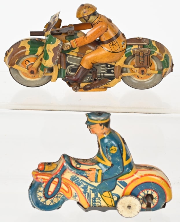 2- JAPAN & MARX TIN WINDUP MOTORYCLES: Lot includes 1. 5 1/2" pre war Japan Army motorcycle, working, missing side wheels. 2. 4 1/4" Marx Mystic motorcycle, complete and working. Includes one key. Very Good