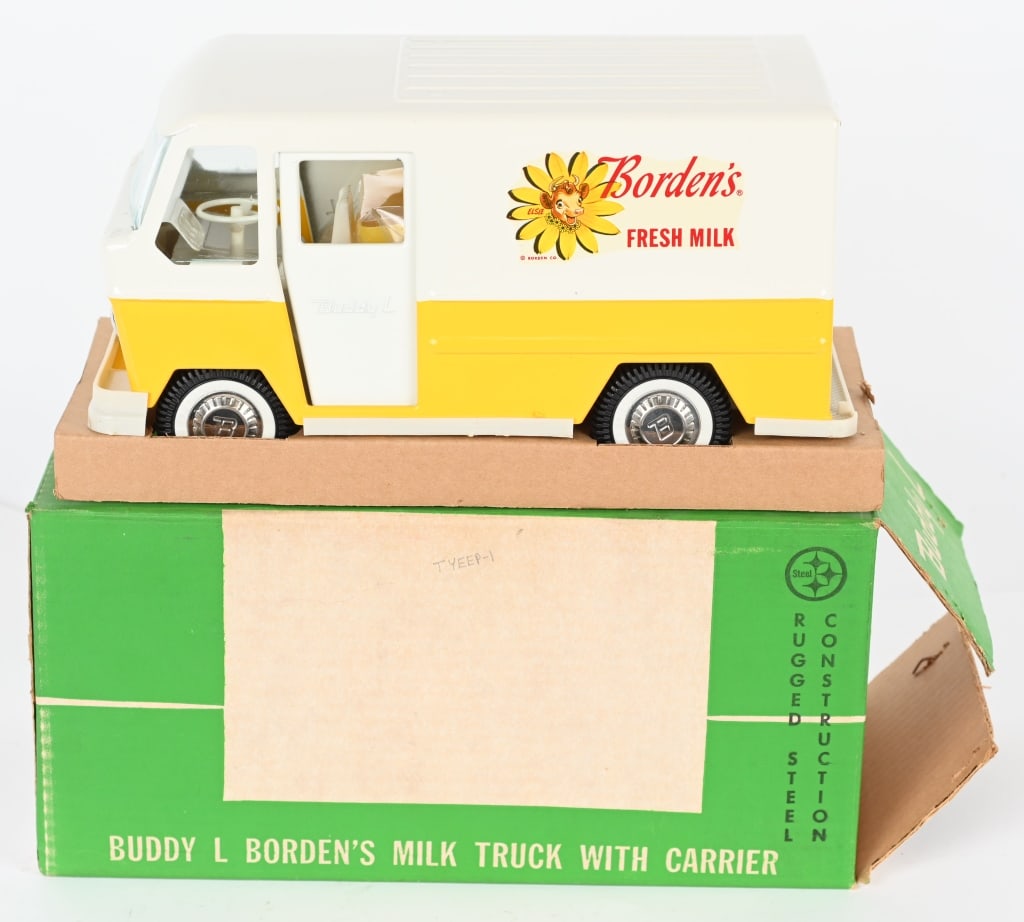BUDDY L BORDEN'S FRESH MILK TRUCK w/ BOX: Buddy L #5358 Private Label Truck. New Old Stock. Includes factory sealed Milk Carrier. Nice original box. 12" Near Mint