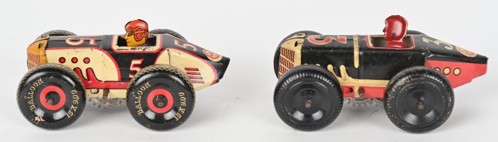 2- MARX TIN WINDUP No. 3 & No. 5 RACE CARS: lot includes 2 versions of the Marx windup midget race cars. Both worked when tested. 5" Very Good-Excellent