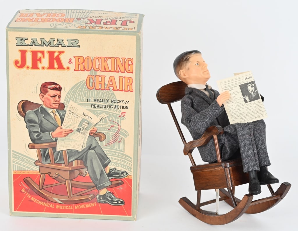 KAMAR JFK & ROCKING CHAIR w/ BOX: Complete and original. Did not work when tested. With newspaper. Includes colorful original box. 12"
