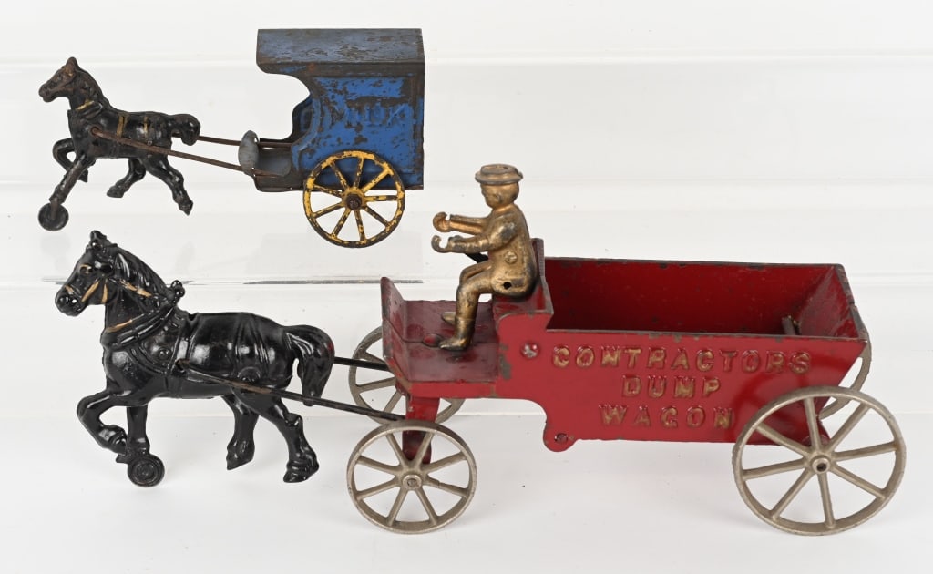 2- CAST IRON HORSE DRAWN TOYS, ARCADE & WILKINS: Lot includes 1. 13" Complete and original Arcade Contractors Dump wagon. Nice original paint. 2. 7" Cast iron and tin Wilkins Milk Wagon. original paint. No cracks or repairs. Good-Excellent