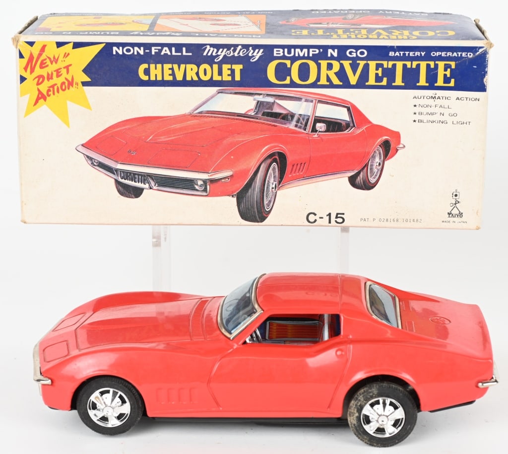 JAPAN BATTERY OP CHEVROLET CORVETTE, w/ BOX: The toy is is complete and original and worked when tested. Box is very good. 10", Excellent