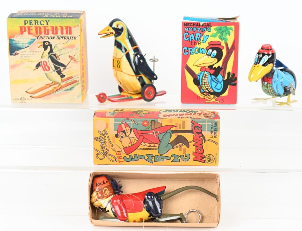 3- JAPAN TIN MECHANICAL TOYS w/ BOXES: Lot includes 1. Linemar Jocko Climbing Monkey, working, 2. Cary the Crow, windup working, 3. Percy Penguin, friction working. Largest is 6". All are Excellent-Near Mint