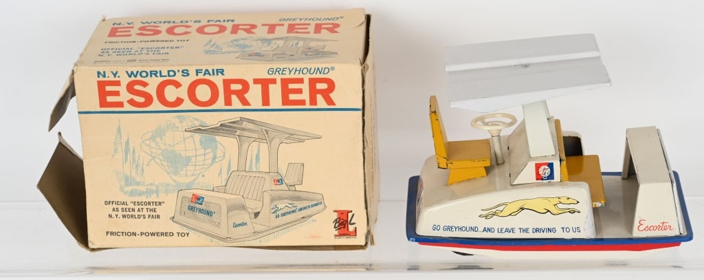JAPAN NY WORLDS FAIR ESCORTER w/ BOX: Produced as a souvenir for the 1964-1965 World's Fair. All tin with a working friction motor. Original box has wear and is missing an end flap. 6 1/4" Excellent